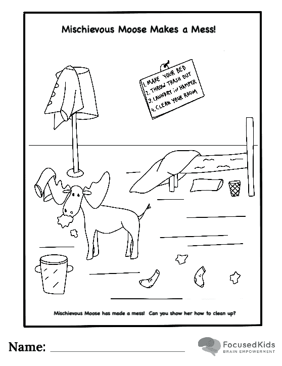 FocusedKids Coloring Page Download: Moose Cleaning Room